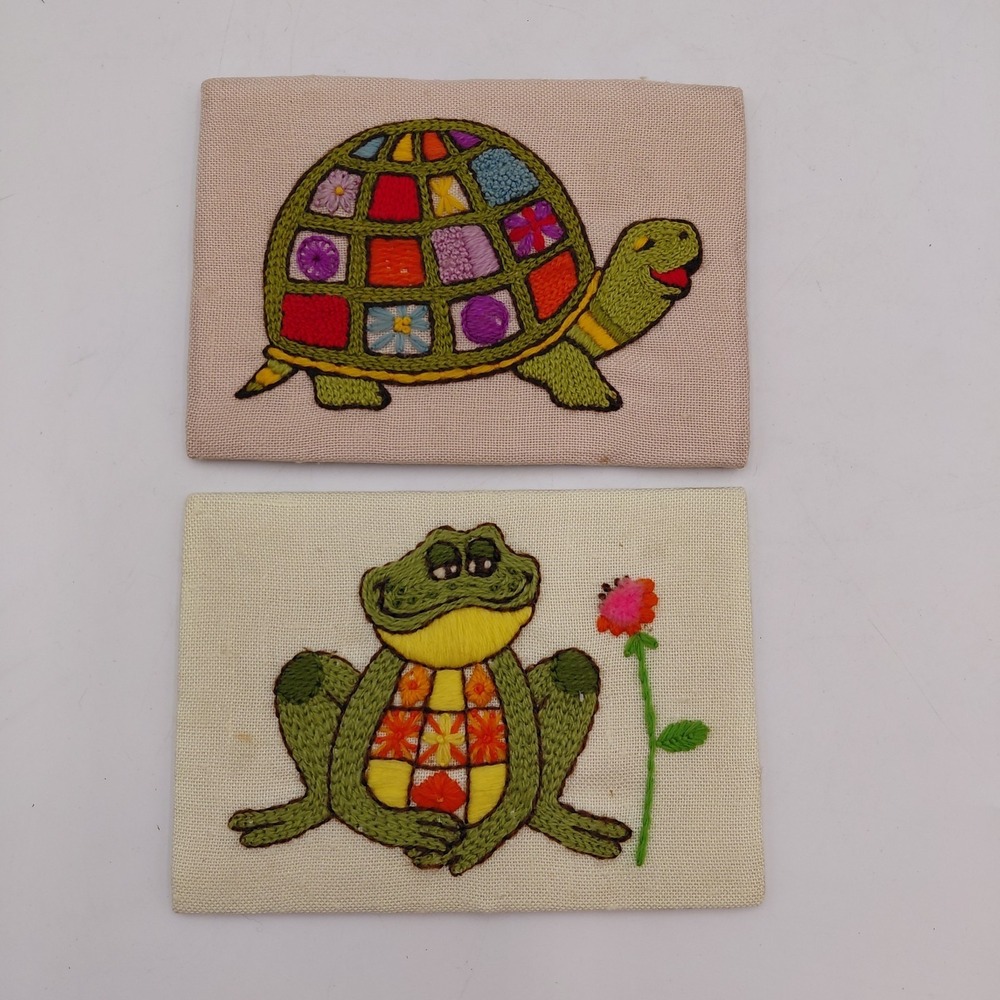 Vtg 60s 70s Turtle & Frog Needlepoint Art Cross Stitch Fun Funky Floral Colorful